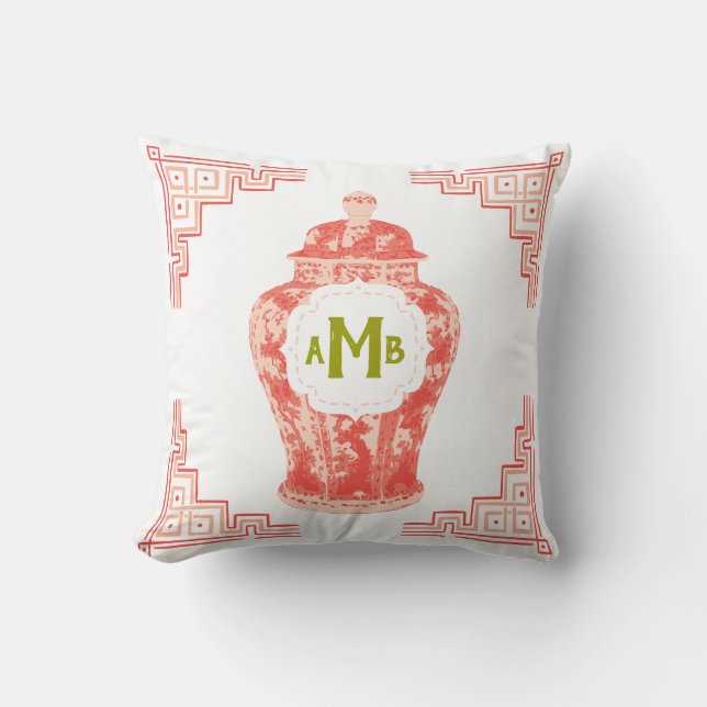 Coral Chinoiserie Ginger Jar Monogram Cushion (Front)