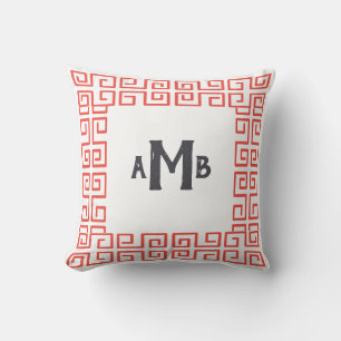 Coral Chinoiserie Wide Greek Key Border Monogram Cushion