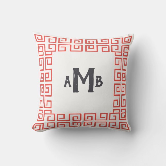 Coral Chinoiserie Wide Greek Key Border Monogram Cushion (Front)