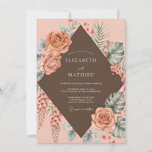 Coral Chocolate Tropical Eucalyptus Wedding Invitation