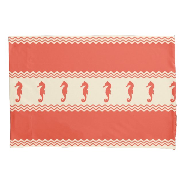 Coral Coastal Seahorses Stripes Pillowcase (Front)