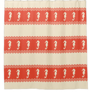 Coral Coastal Seahorses Stripes Shower Curtain