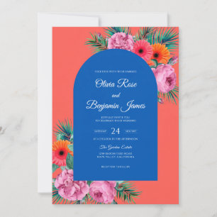 Coral Cobalt Tropical Eucalyptus Wedding Invitation