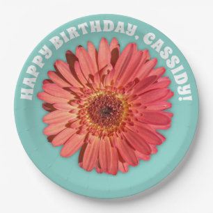 Coral Colored Gerbera Daisy Photo Mint Green Paper Plate