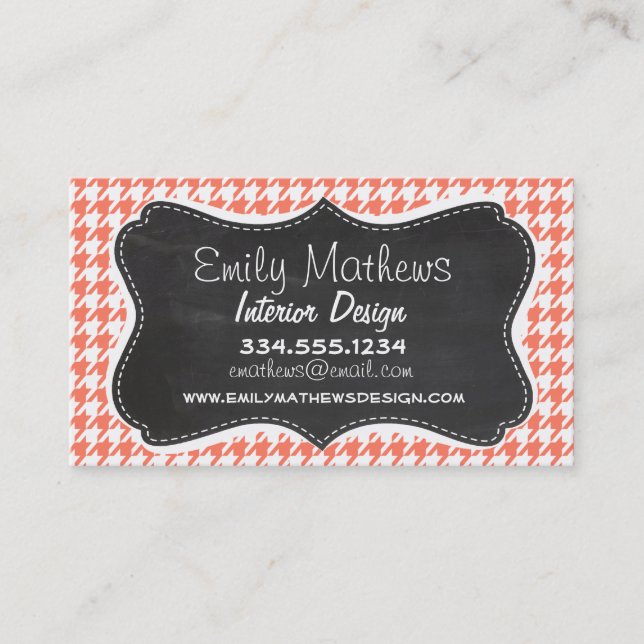 Coral Colour Houndstooth; Chalkboard look Business Card (Front)