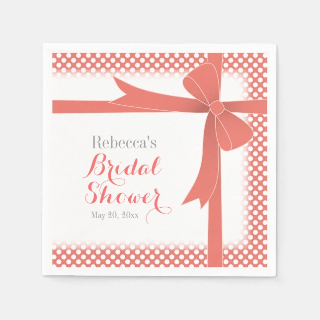 Coral Coloured Bow & White Dots Bridal Shower Napkin (Front)