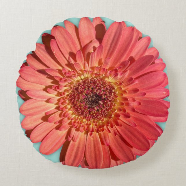 Coral Coloured Gerbera Daisy Photo Round Cushion (Front)