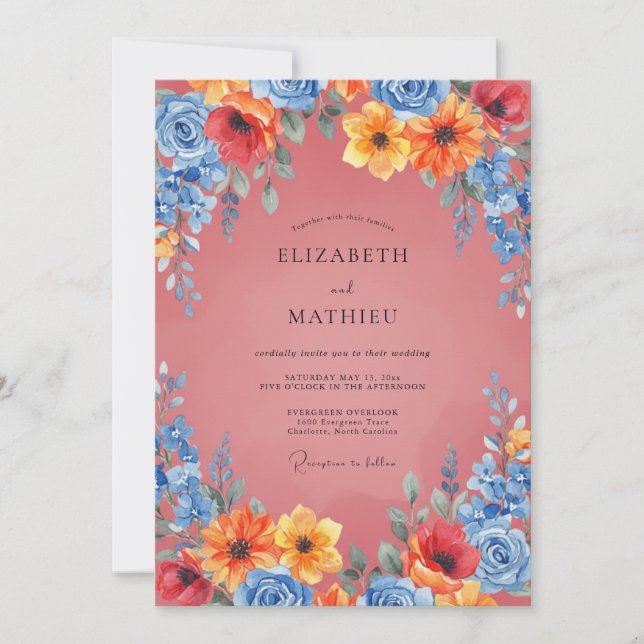 Coral Colourful Botanical Wedding Invitation (Front)