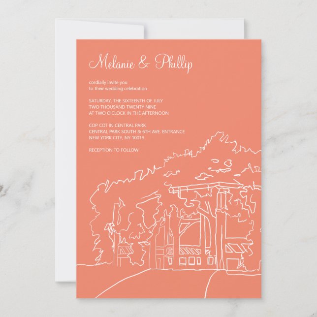 Coral Cop Cot Central Park Wedding Invitation (Front)