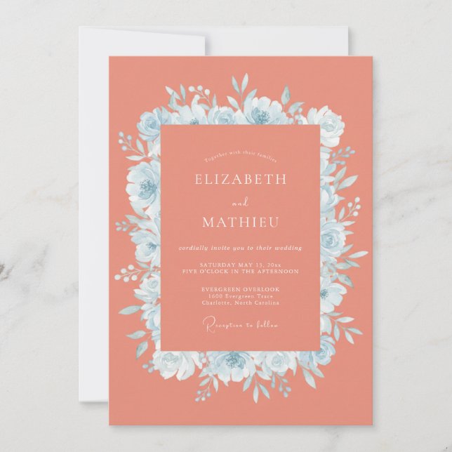 Coral Cornflower Blossom Wedding Invitation (Front)