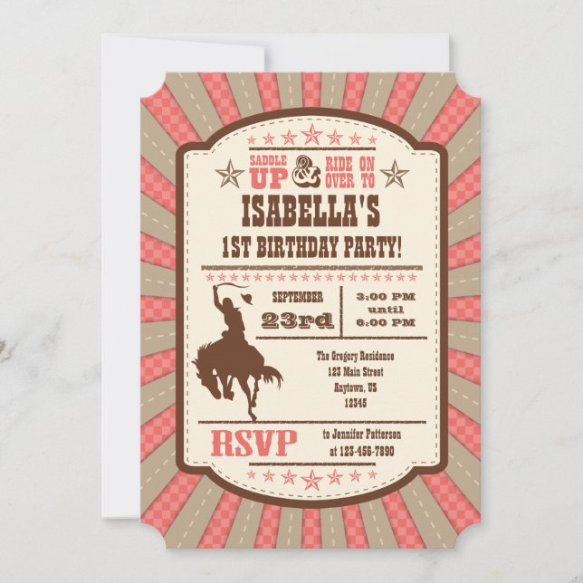 Coral Cowboy Rodeo Birthday Party Invitation (Front)