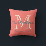 Coral Cream Family Monogram Cushion<br><div class="desc">Personalised grey and cream text monogrammed pillow with your family name and last name initial and wedding date in a typography overlay design on a coral background. Elke Clarke© for MonogramGallery at Zazzle. Makes a great gift for newly weds. Great for your bedroom, favourite chair, as fun decor in your...</div>
