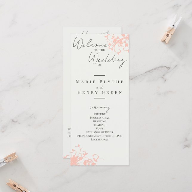 Coral & Cream Filigree Elegant Wedding Program (Front/Back In Situ)