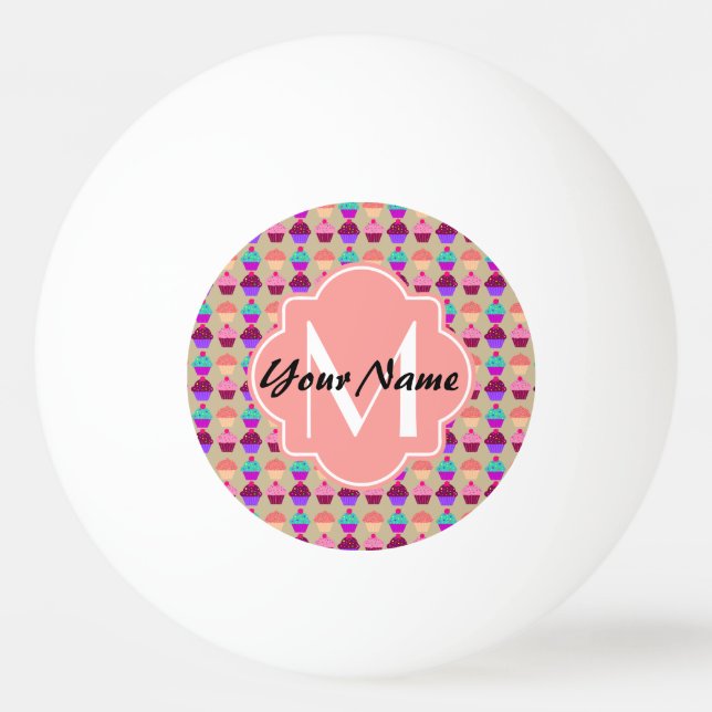 Coral Cupcake Personalised Name, Custom Monogram Ping Pong Ball (Front)