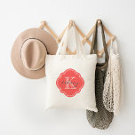 Coral Custom Personalised Monogram Tote Bag<br><div class="desc">Cute Girly Modern Tote Bag with Custom Personalised Name and Initial Monogram in a Vintage Moroccan Quatrefoil Clover Shape Frame Border</div>
