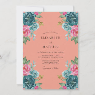 Coral Cyan Peony Wedding Invitation