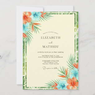 Coral Cyan Tropical Eucalyptus Wedding Invitation