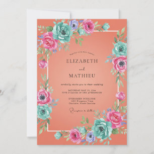 Coral Cyan Watercolor Wedding Invitation