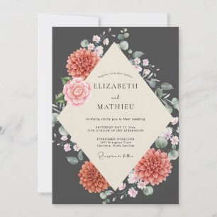 Coral Dahlia Charcoal Wedding Invitation