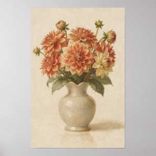 Coral Dahlias in Ivory Vase Poster