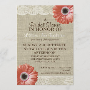 Coral Daisy and Lace Bridal Shower Invitation