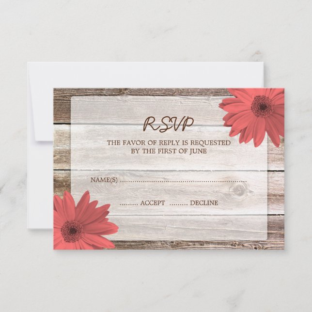 Coral Daisy Barn Wood Wedding RSVP Response Card (Front)