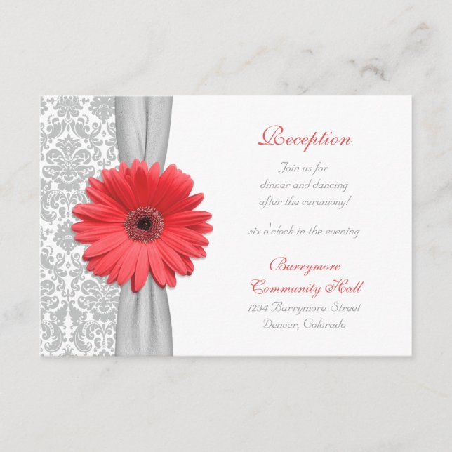 Coral Daisy Grey Damask Wedding Reception Card (Front)