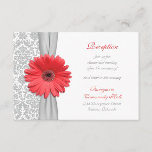 Coral Daisy Grey Damask Wedding Reception Card