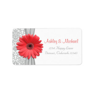 Coral Daisy Grey Damask Wedding Return Address Label