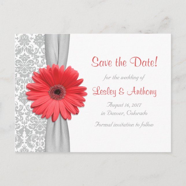 Coral Daisy Grey Damask Wedding Save the Date Announcement Postcard (Front)