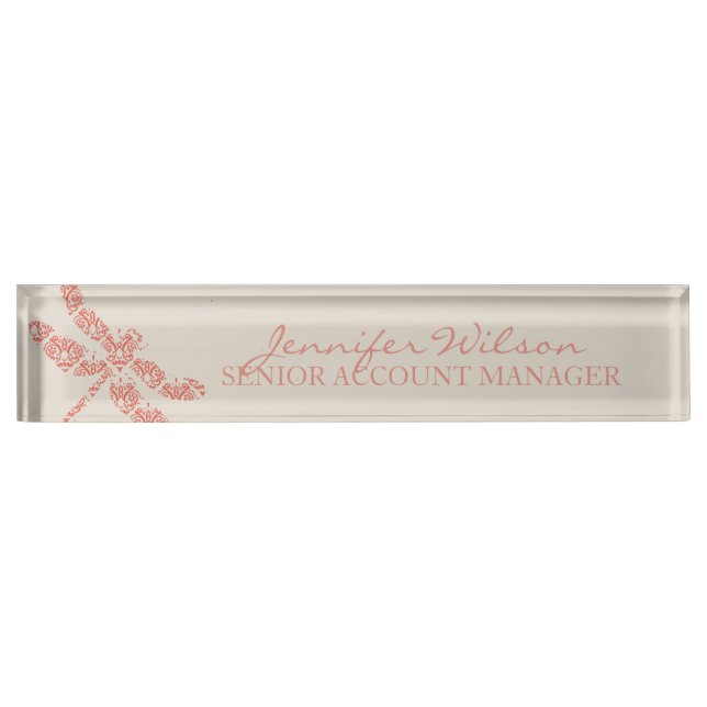 Coral Damask Dragonfly Wedding Nameplate (Front)