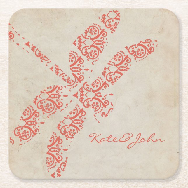 Coral Damask Dragonfly Wedding Square Paper Coaster (Front)
