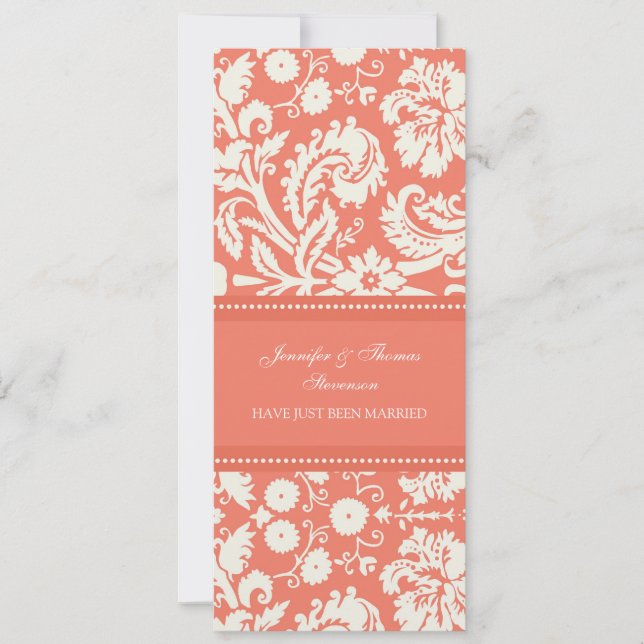 Coral Damask Just Married Announcement Cards (Front)