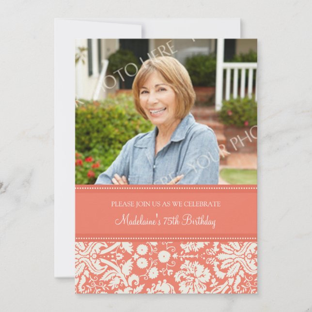 Coral Damask Photo 75th Birthday Party Invitations (Front)