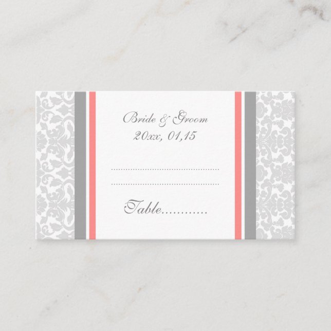 Coral Damask Wedding Table Place Setting Cards (Front)