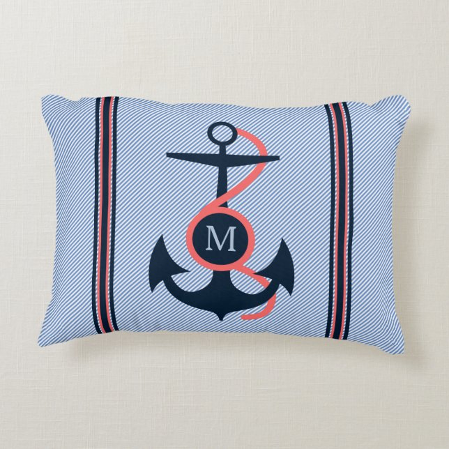 Coral & Dark Blue Boat Anchor & Decorative Stripes Cushion (Back)