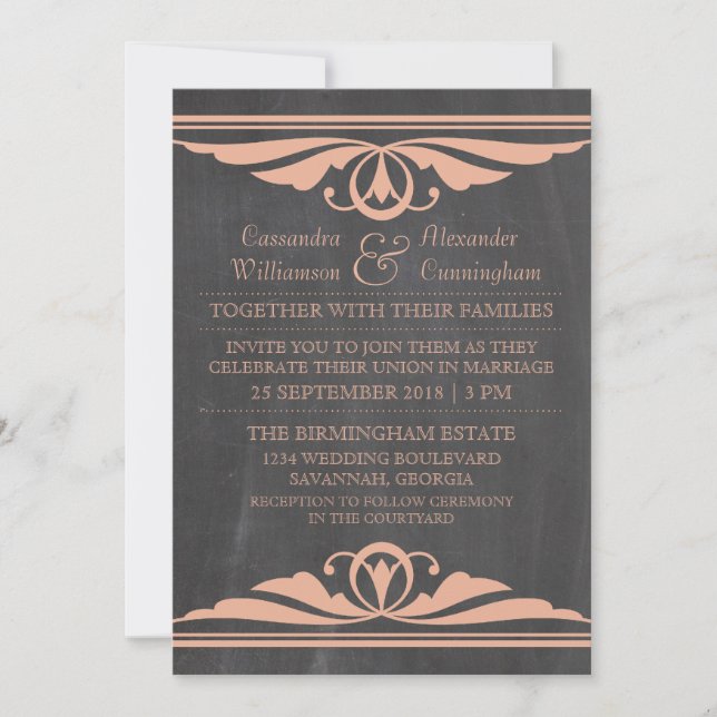 Coral Deco Chalkboard Wedding Invite (Front)