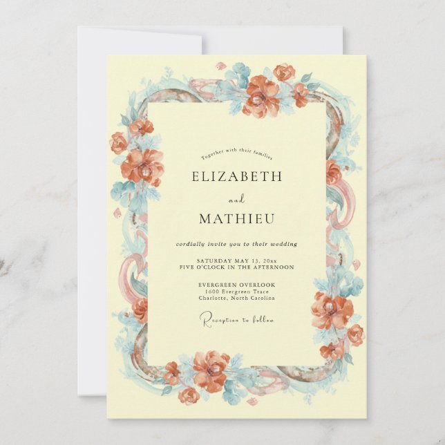 Coral Delicate Botanical Romance Wedding Invitation (Front)