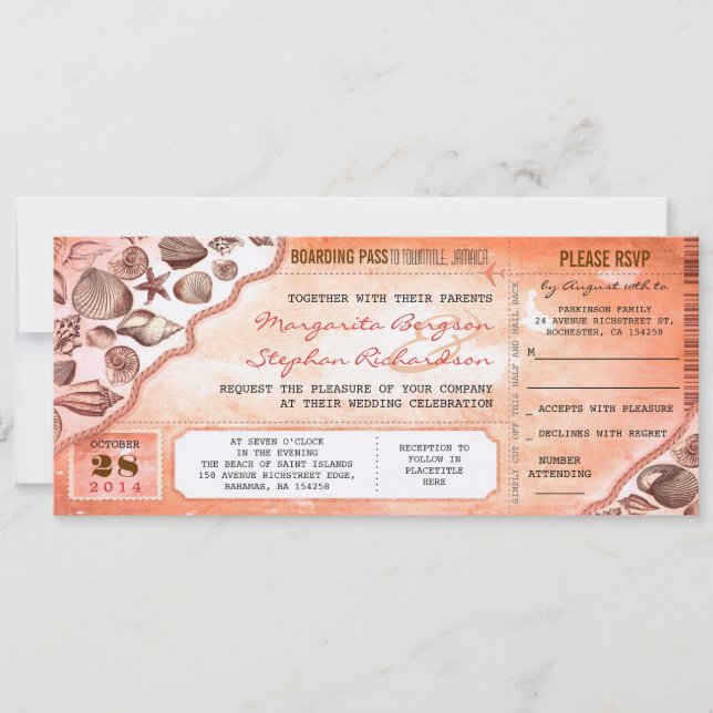 coral destination wedding tickets invitations (Front)