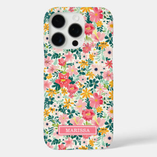 Coral Ditsy Flowers Monogrammed iPhone 16 Pro Case