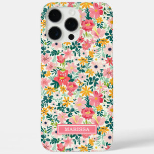 Coral Ditsy Flowers Monogrammed iPhone 16 Pro Max Case