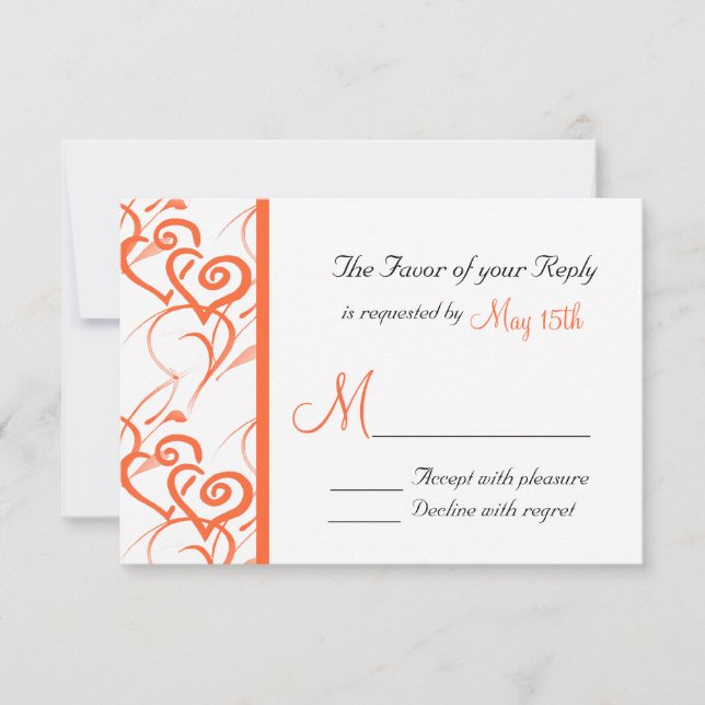 Coral Double Hearts Swirls Vines Wedding RSVP (Front)