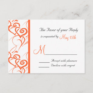 Coral Double Hearts Swirls Vines Wedding RSVP Card