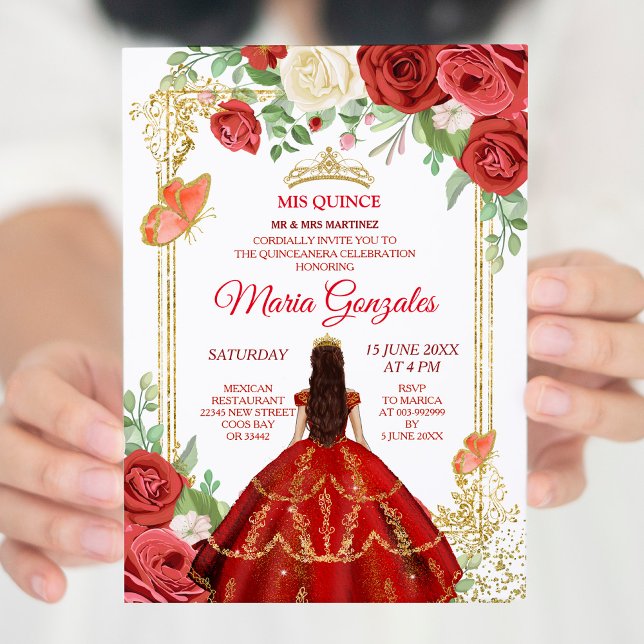Coral Dress Mexican Flowers Quinceañera Invitation (Creator Uploaded)