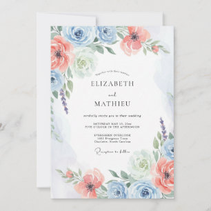 Coral Dusty Blue Blissful Spring Wedding Invitation
