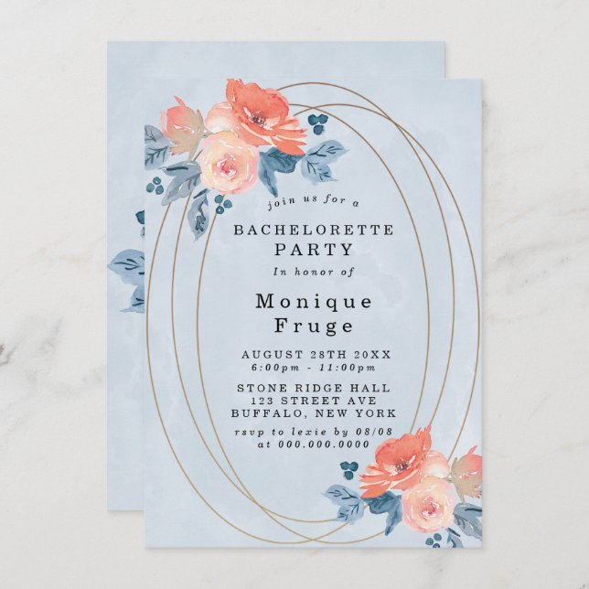 Coral Dusty Blue Gold Bachelorette Party Invites (Front/Back)