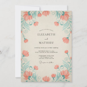 Coral Elegant Floral Border Wedding Invitation