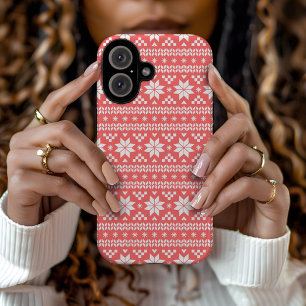 Coral Fair Isle Christmas Sweater Pattern iPhone 16 Case