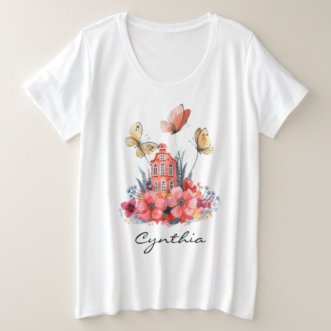 Coral Fairytale House Flowers & Butterflies Plus Size T-Shirt (Design Front)