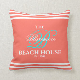 Coral Family Monogram Script Aqua Colour Initial Cushion